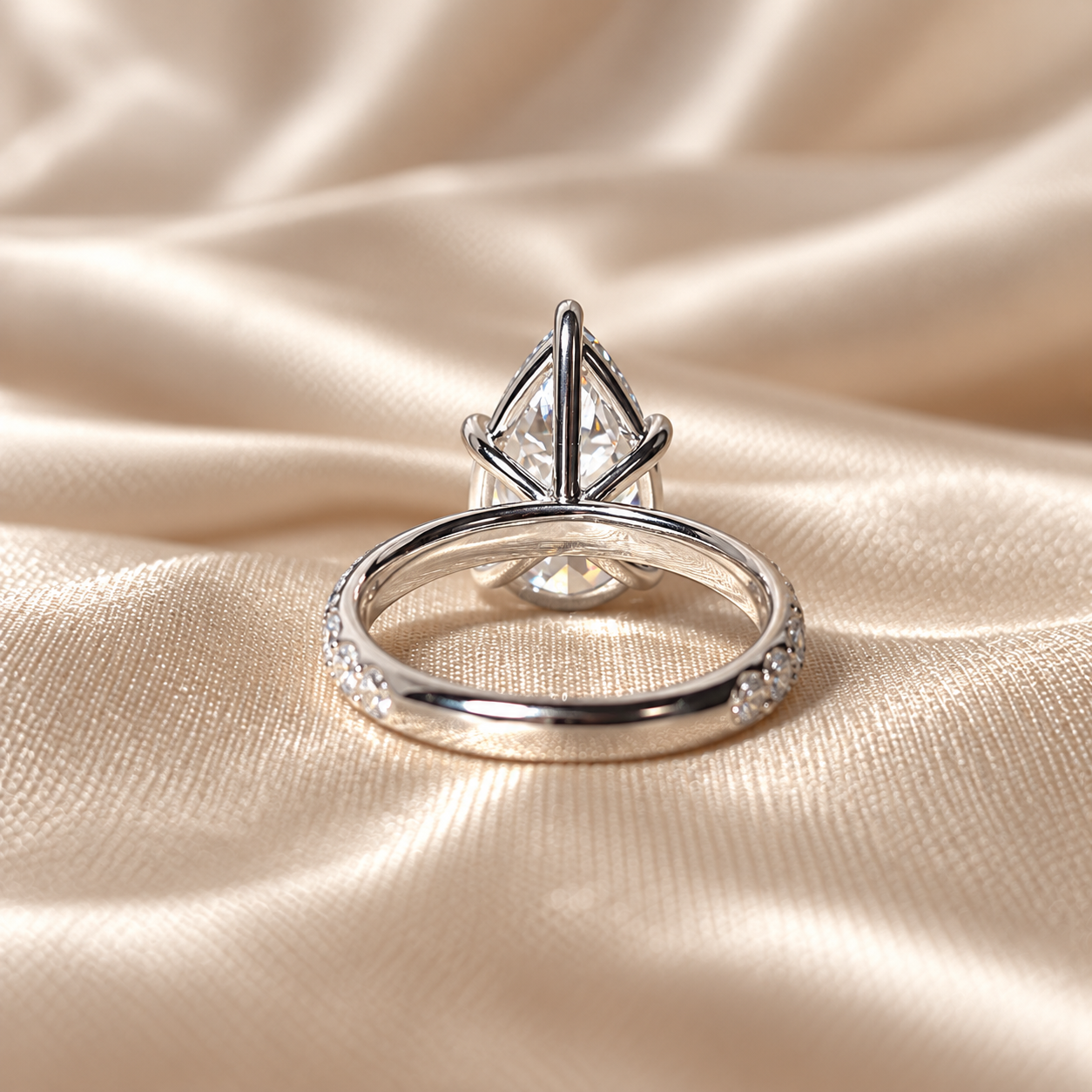 Pear Lab Grown Diamond Engagement Ring Pave Band Elegant Solitaire Bridal Custom Jewelry