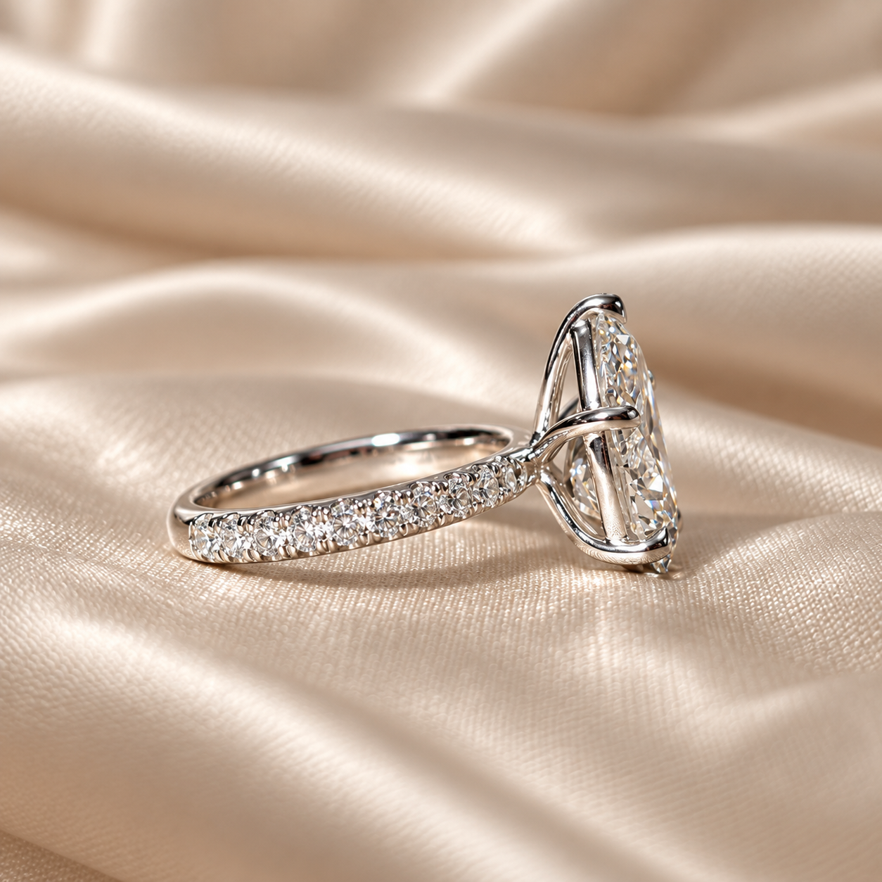 Pear Lab Grown Diamond Engagement Ring Pave Band Elegant Solitaire Bridal Custom Jewelry