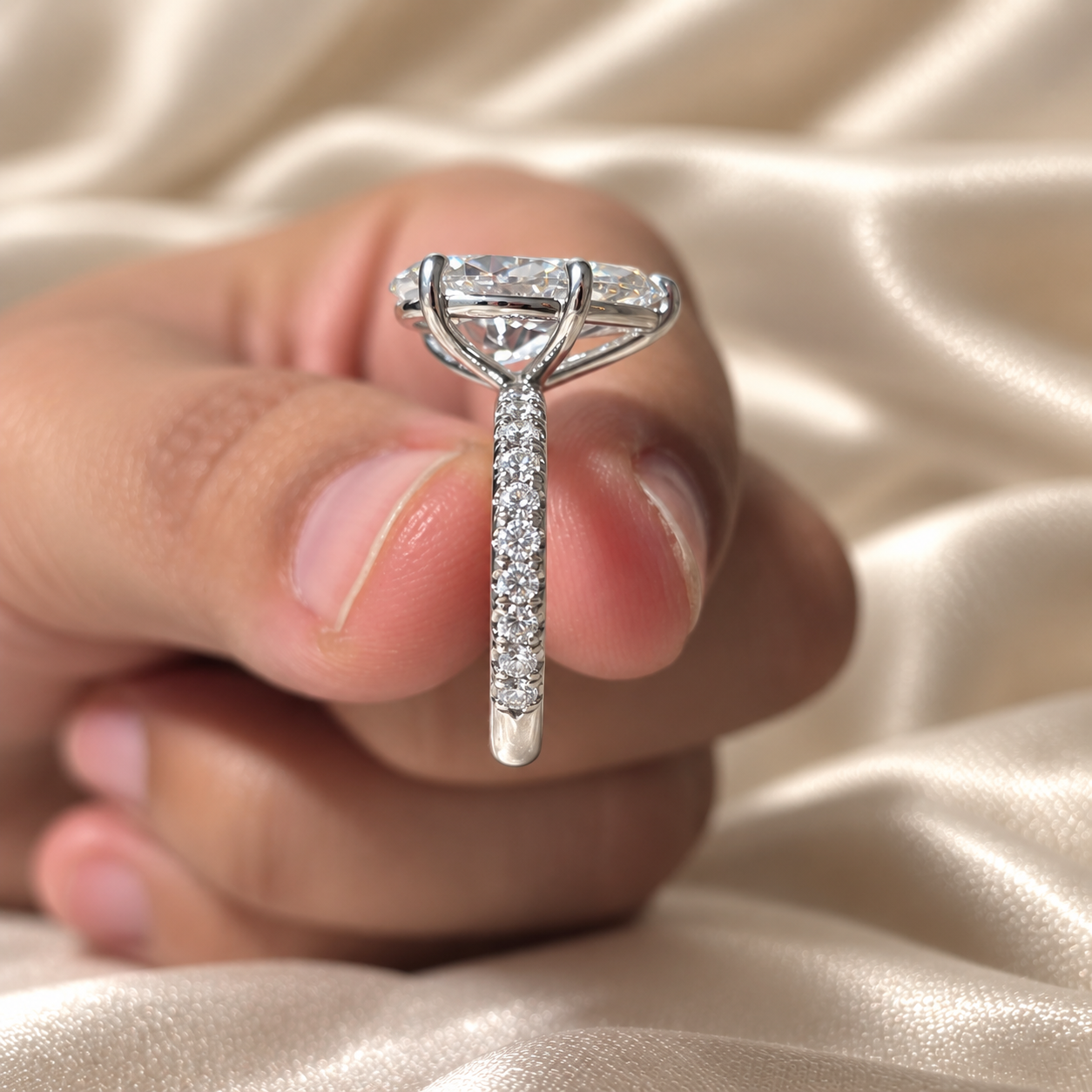 Pear Lab Grown Diamond Engagement Ring Pave Band Elegant Solitaire Bridal Custom Jewelry