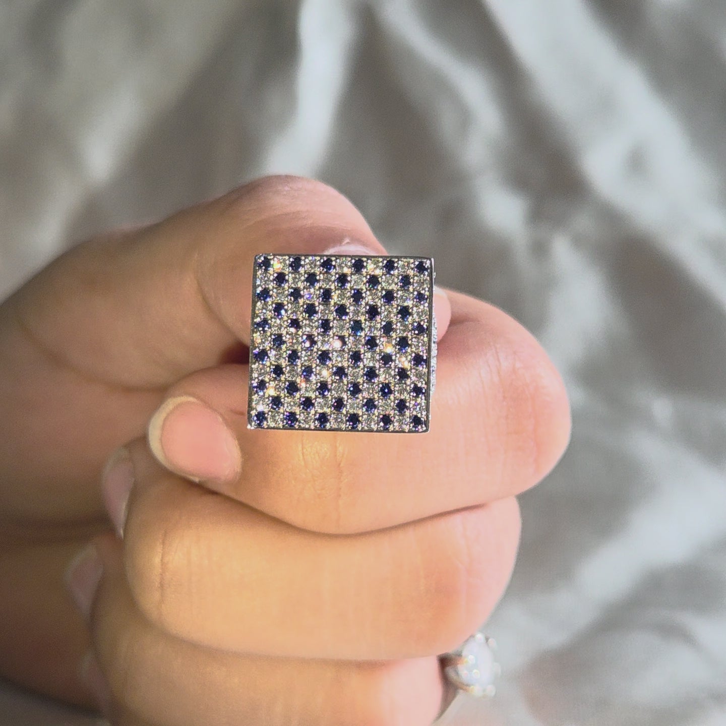 Blue Sapphire and Lab Grown Diamond Ring Elegant Square Statement Cocktail Ring