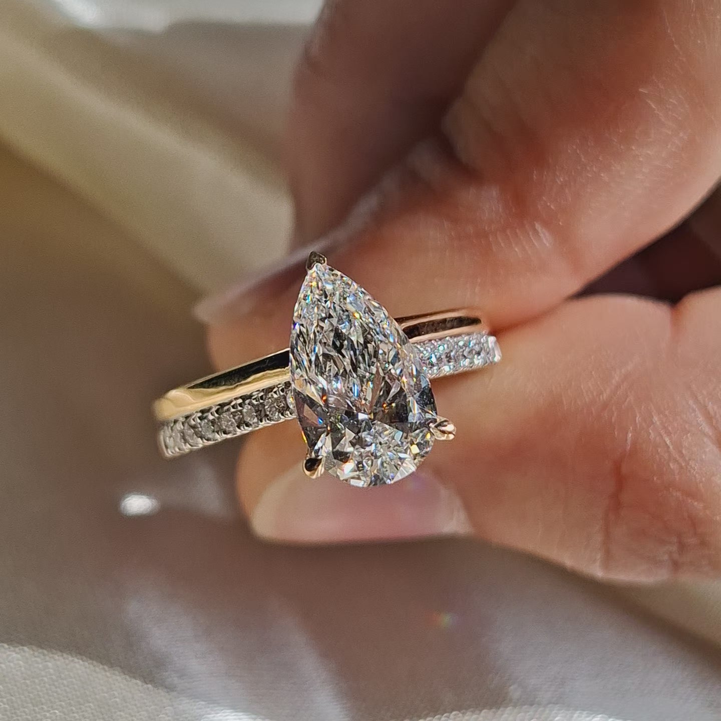 Pear Lab Grown Diamond Engagement Ring Handmade Teardrop Ring