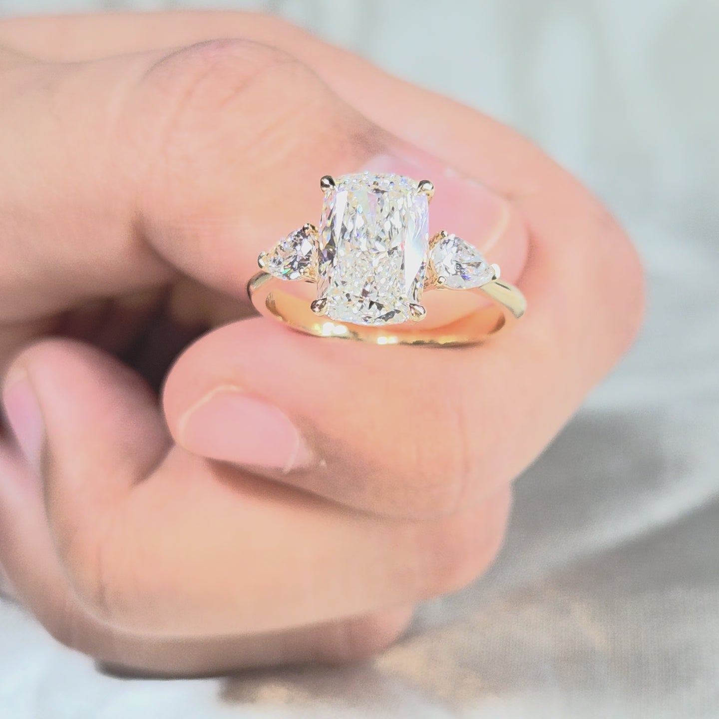 Cushion Lab Grown Diamond Engagement Ring Pear Side Diamond Three Stone Ring