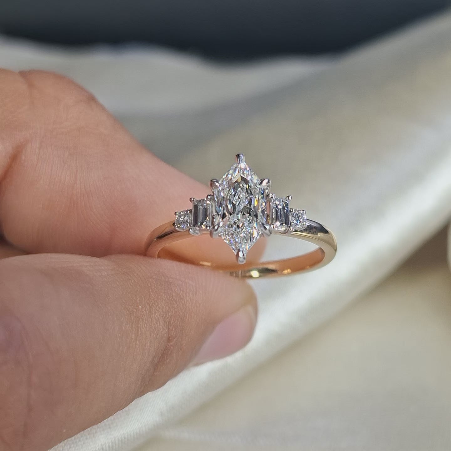 Dutch Marquise Hexagonal Lab Grown Diamond Engagement Ring Baguette & Round Side Stone