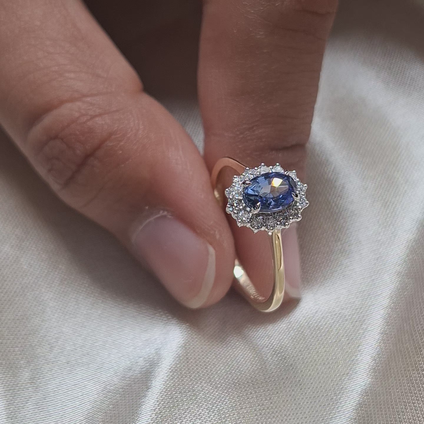 Oval Blue Sapphire Halo Engagement Ring Lab Grown Diamond Promise Ring