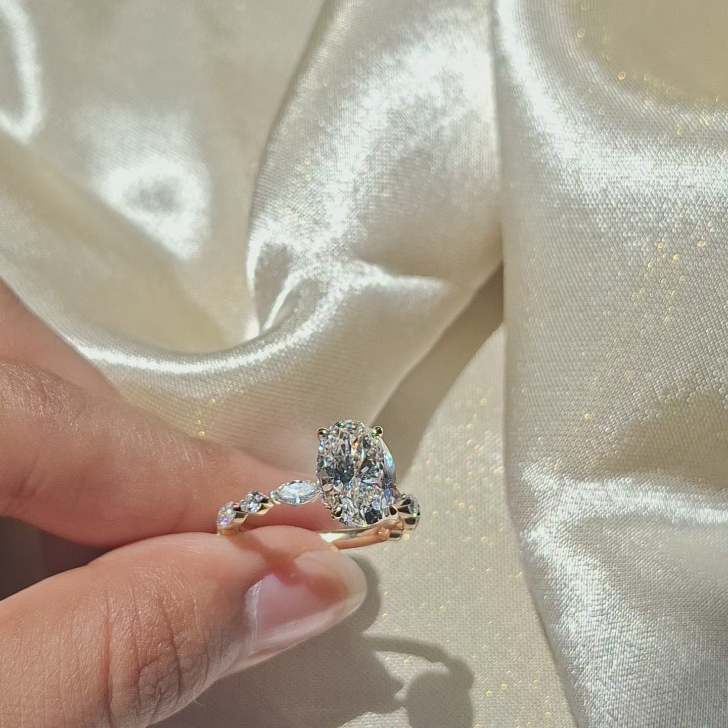 Oval Lab Grown Diamond Engagement Ring Marquise and Round Side Stone