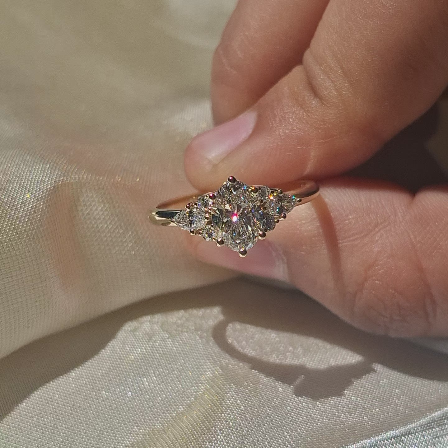1 Carat Oval Cut Lab Grown Diamond Three Stone Engagement Ring Marquise Side Stone Ring Cluster  Vintage Ring