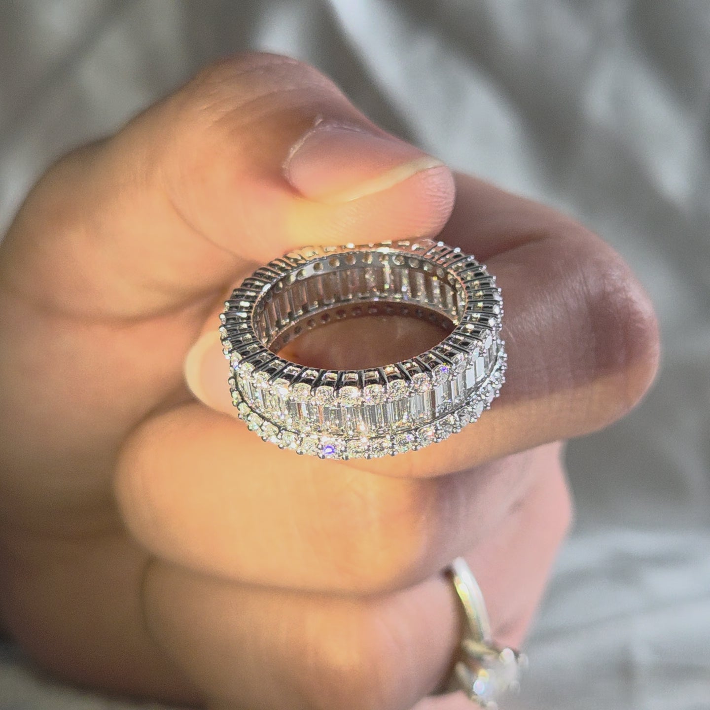 Baguette and Round Lab Grown Diamond Wedding Band Handmade Wide Diamond Eternity Band