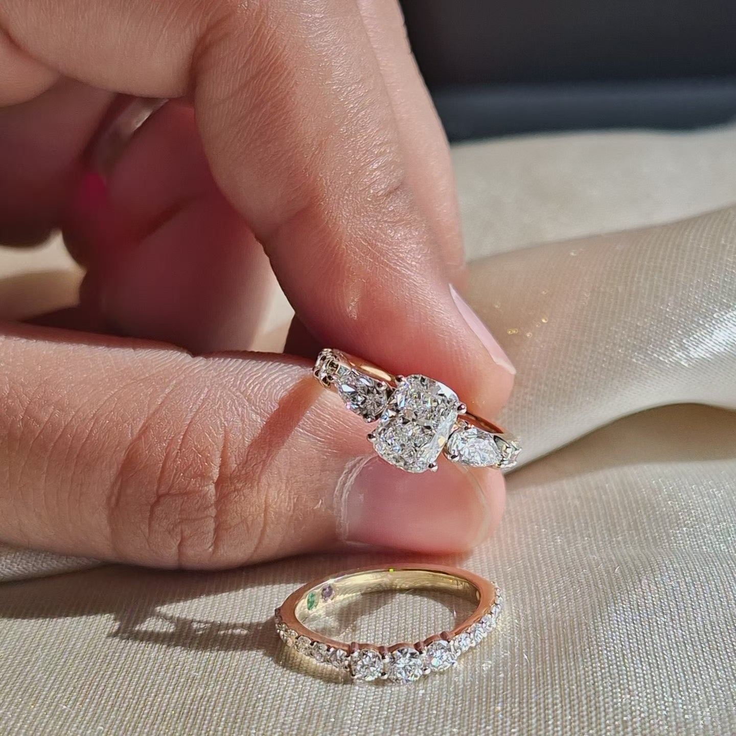 Cushion Lab Grown Diamond Engagement Ring Set Pear Side Stone Wedding Ring Set