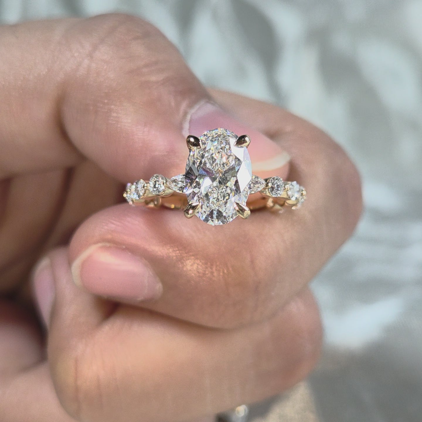 Oval Lab Grown Diamond Engagement Ring Marquise and Round Diamond Accent Ring