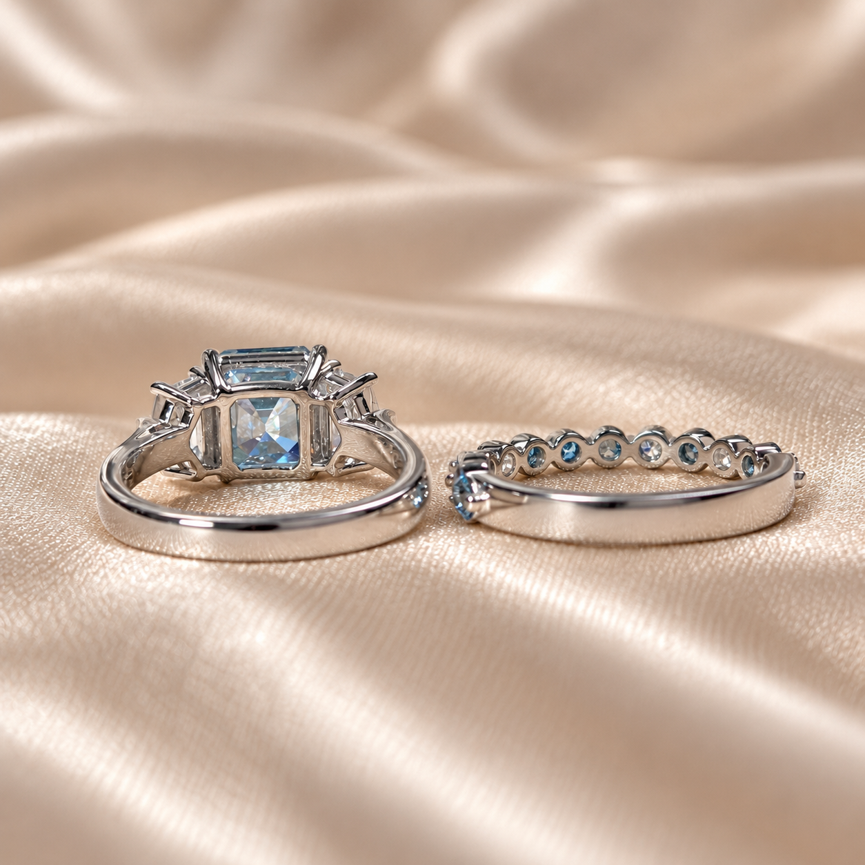 Blue Asscher Lab Grown Diamond Ring Set Elegant Wedding Ring Round Diamond Band Custom Bridal Ring Set