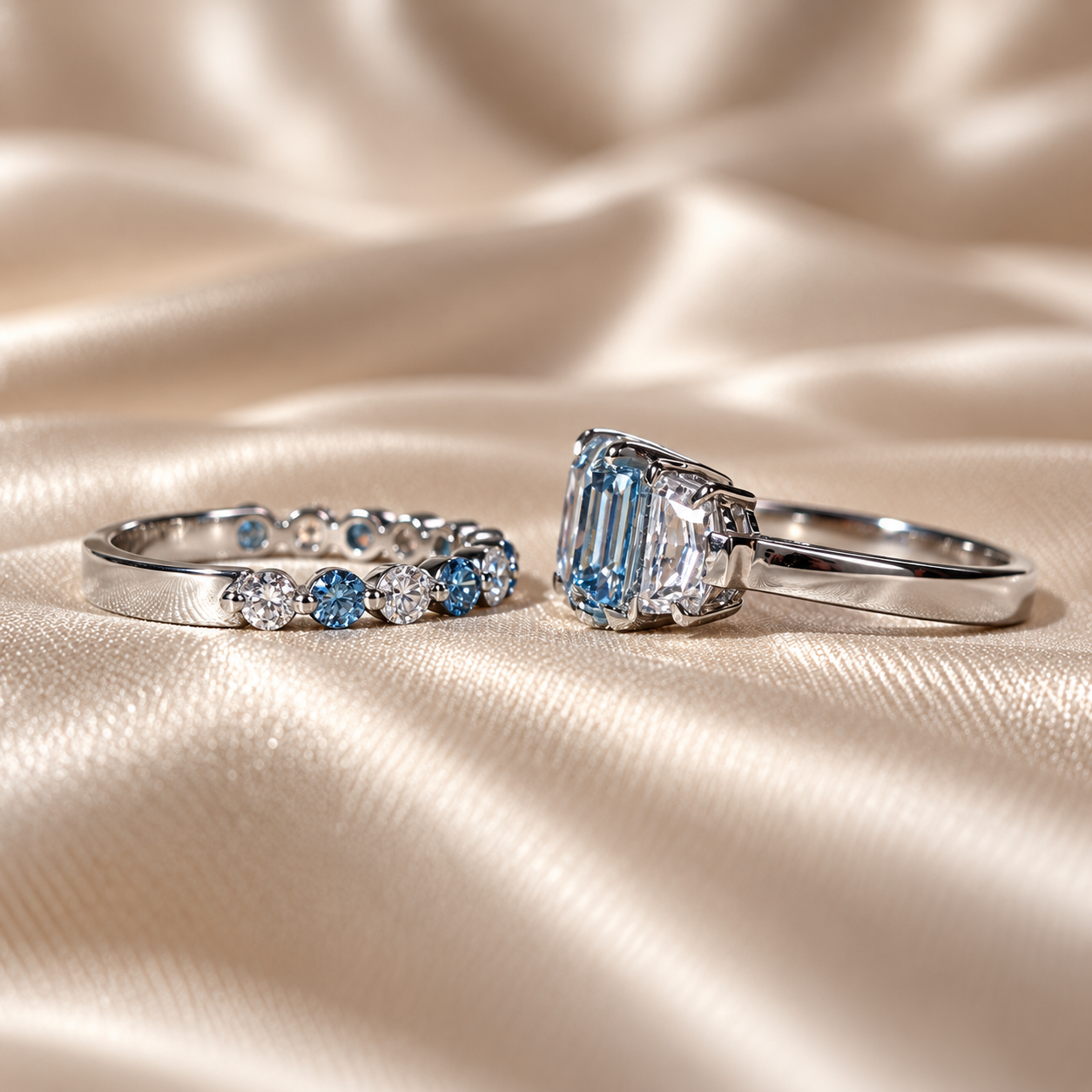 Blue Asscher Lab Grown Diamond Ring Set Elegant Wedding Ring Round Diamond Band Custom Bridal Ring Set
