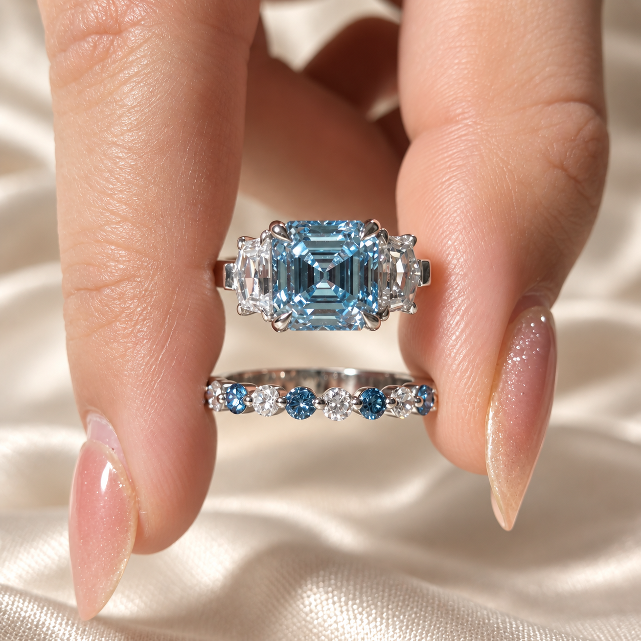 Blue Asscher Lab Grown Diamond Ring Set Elegant Wedding Ring Round Diamond Band Custom Bridal Ring Set